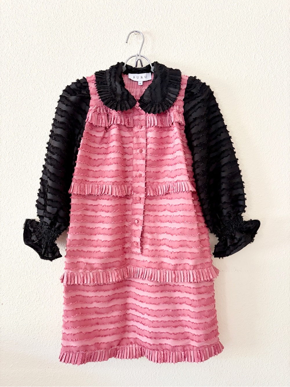 BURU Peter Pan Collar Mini Dress XS Pink Black Ruffle Fringe Long Sleeve
